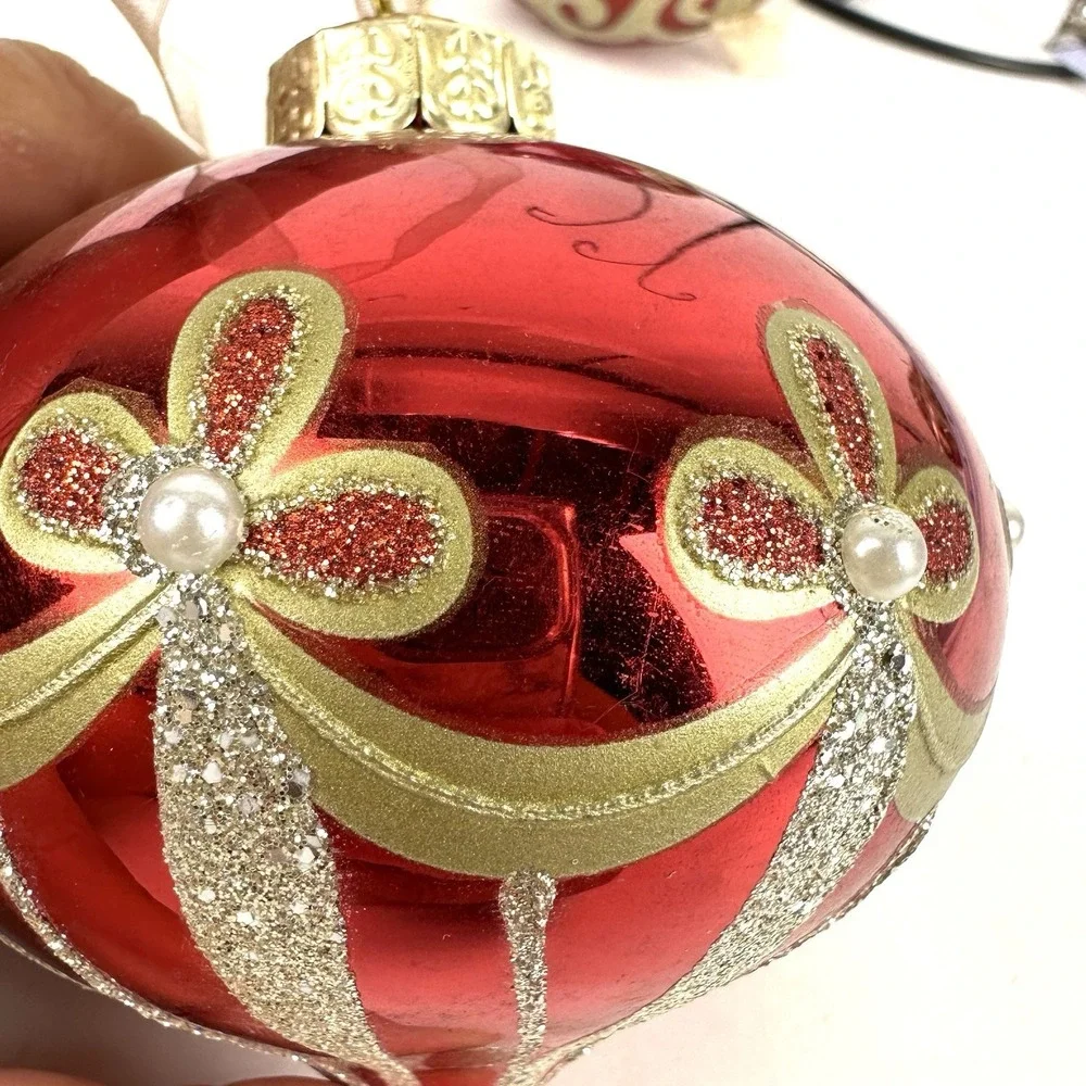 Vintage Christmas Ornaments Blown Glass Red and Gold Glitter Set of Three